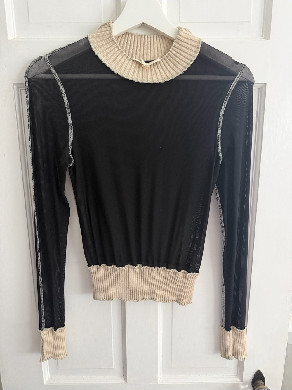 Gilded Intent Black Sheer Long-Sleeve Top with Cream Ribbed Trim